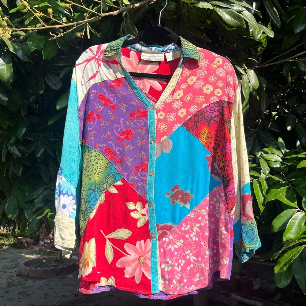 SACRED THREADS multicolor floral tropical patchwork long 3/4 rayon blouse shirt‎